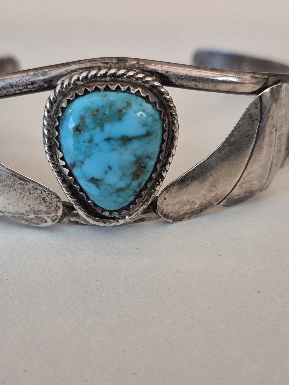 Native American Bezel Set Pear Turquoise Cuff Bracelet, Signed Arrow Hallmark.